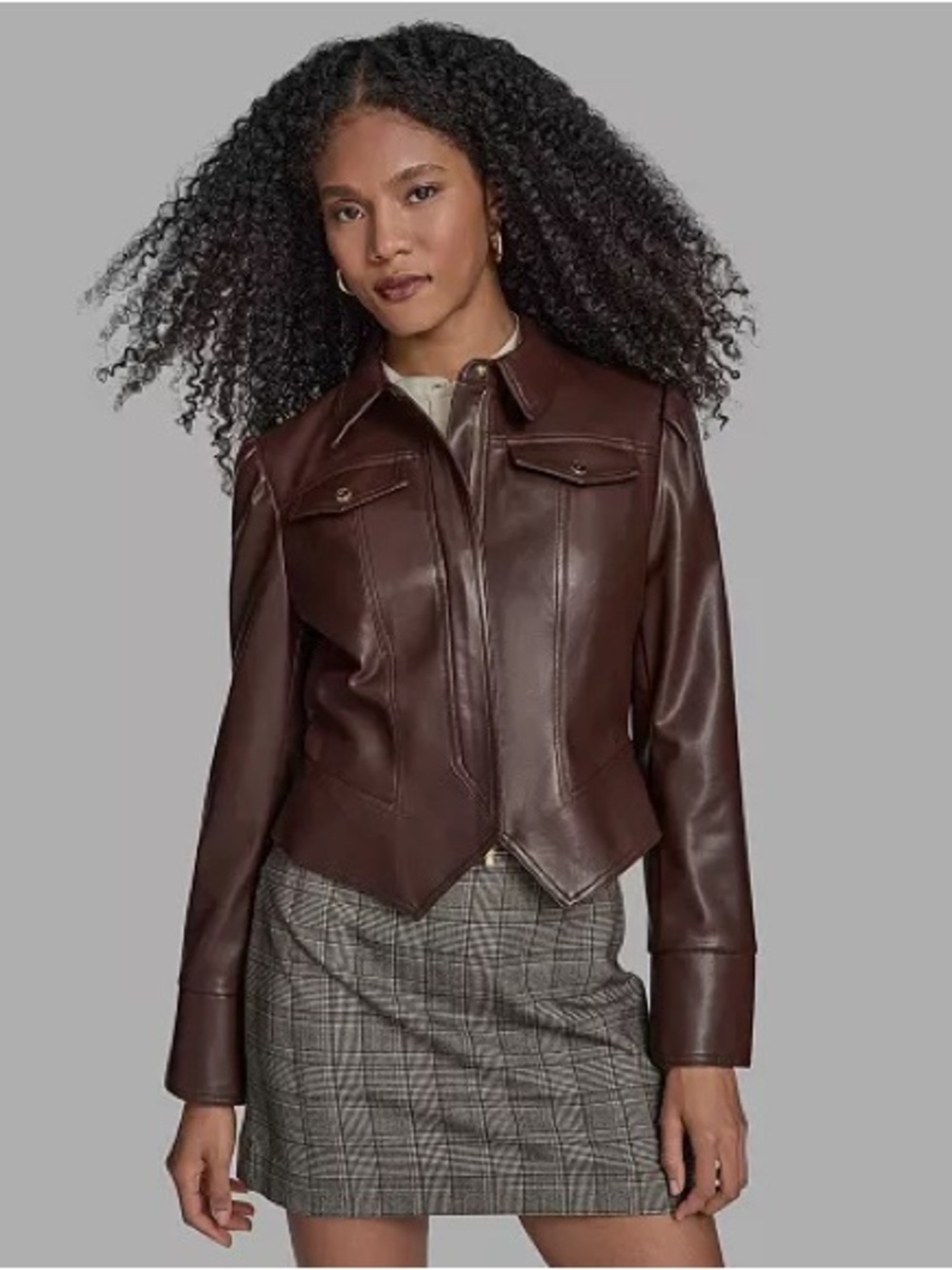 BCBG Seamed Notch Hem Brown Faux Leather Long Sleeve Coquette Biker Jacket EUC L